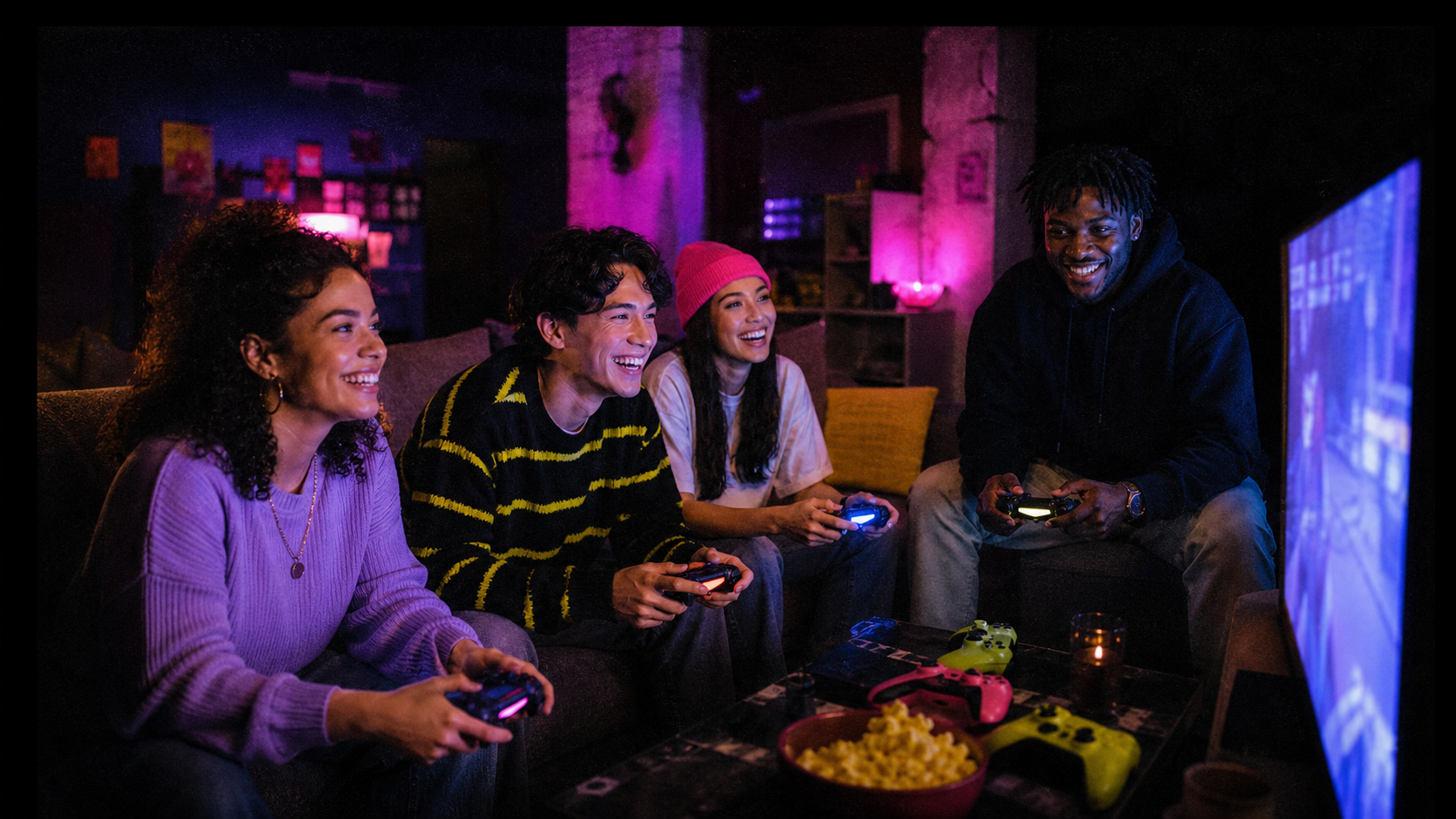 Young people laughing together while playing console games in a colourful community room