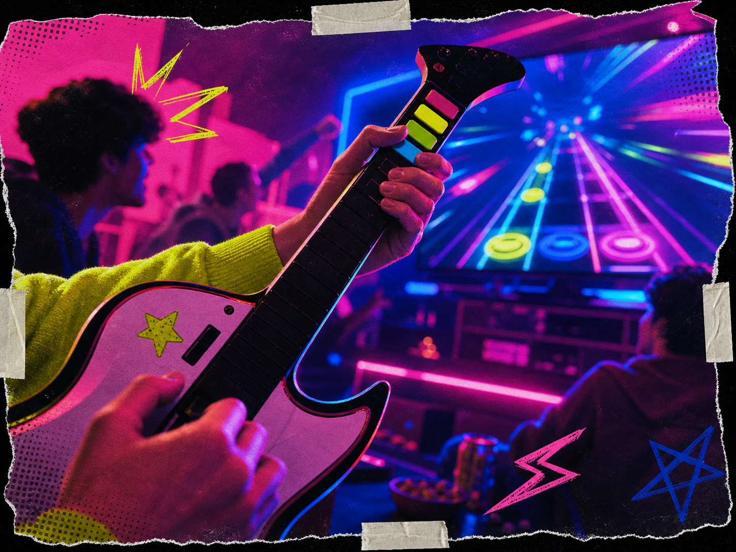 Original neon rhythm-game visual with a guitar controller