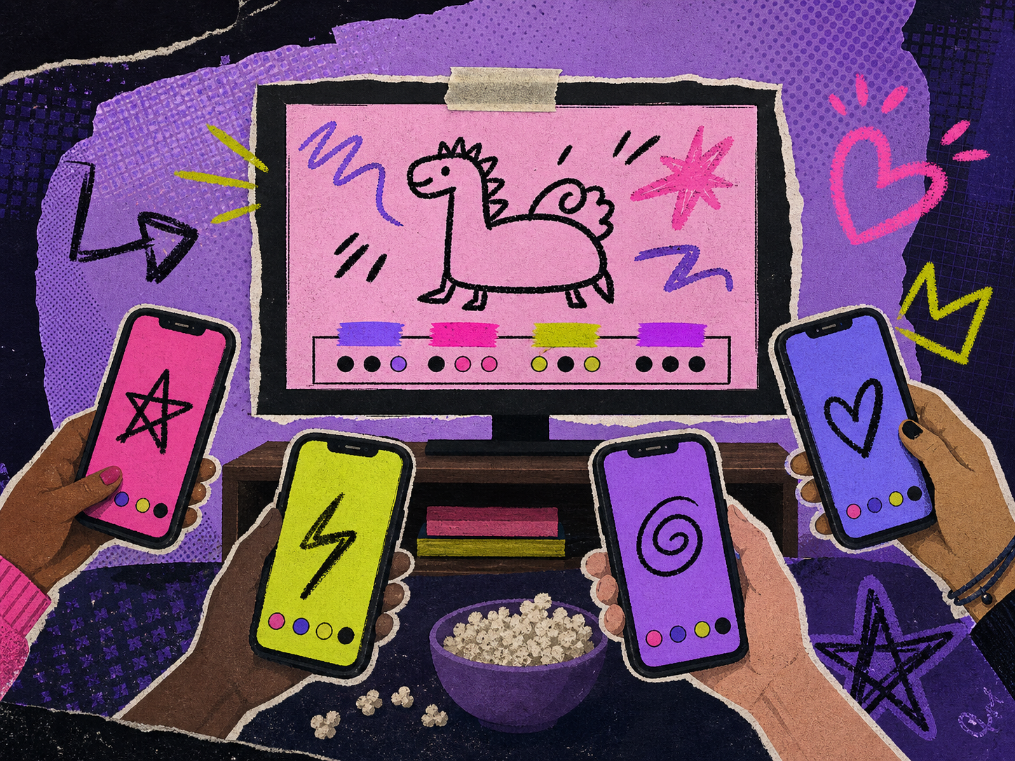 Original colourful party-game visual with phones and a drawing game on a screen